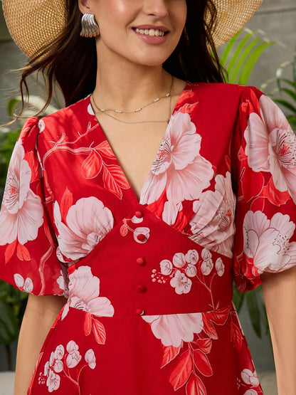 Women Red Floral Balloon Sleeve Short Dress