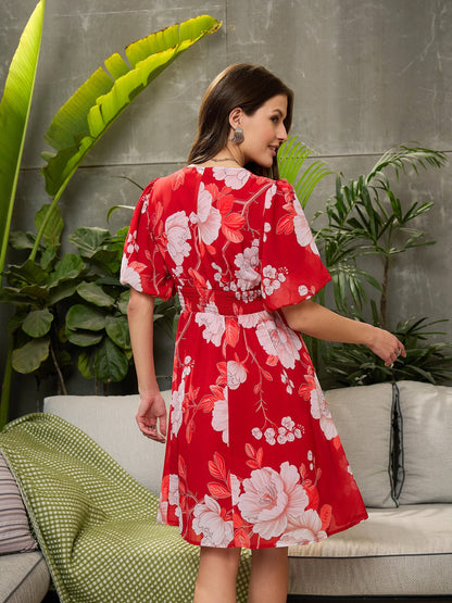 Women Red Floral Balloon Sleeve Short Dress