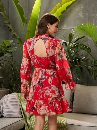 Women Red Floral Back Cut-Out Short Dress
