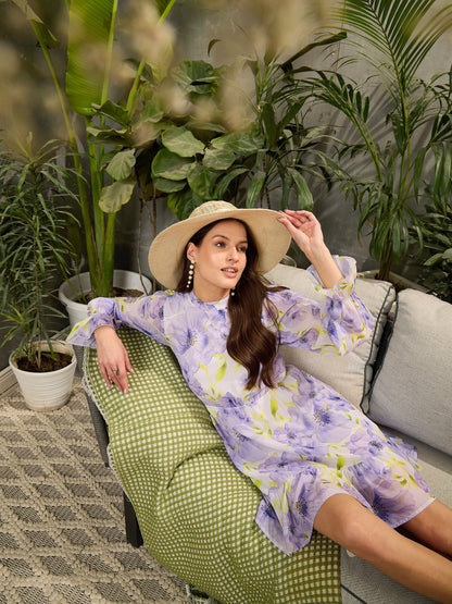 Women Lavender Floral Back Cut Out Short Dress