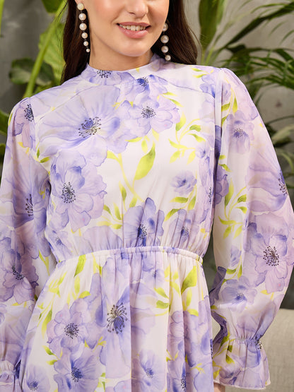 Women Lavender Floral Back Cut Out Short Dress