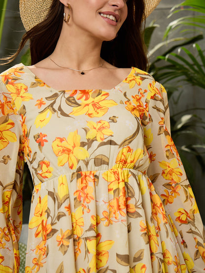 Women Yellow Floral Back Cut-Out Short Dress