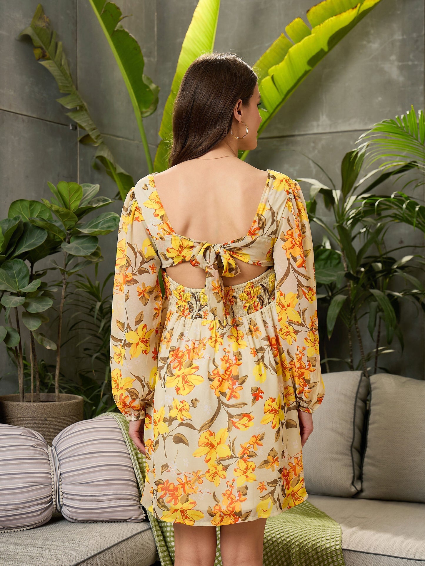 Women Yellow Floral Back Cut-Out Short Dress