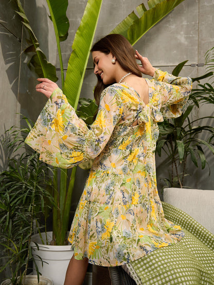 Women Green Floral Back Smocked Short Dress