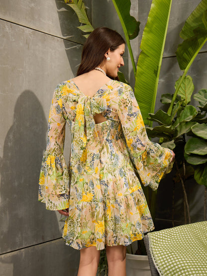 Women Green Floral Back Smocked Short Dress