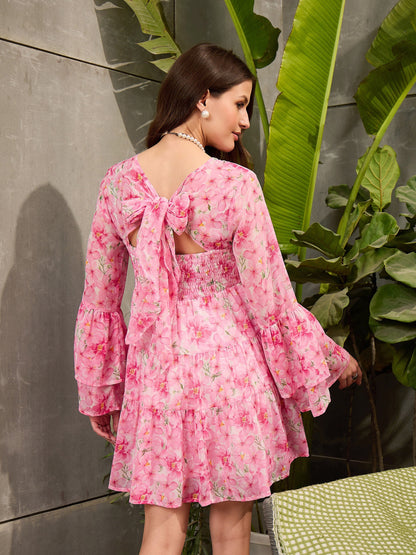 Women Pink Floral Back Smocked Short Dress