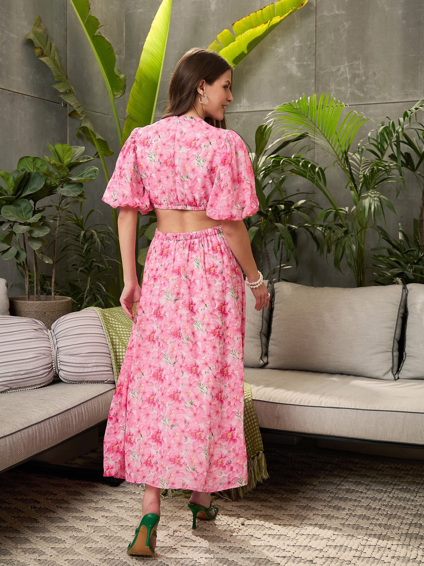 Women Pink Floral Waist Cut-Out Midi Dress