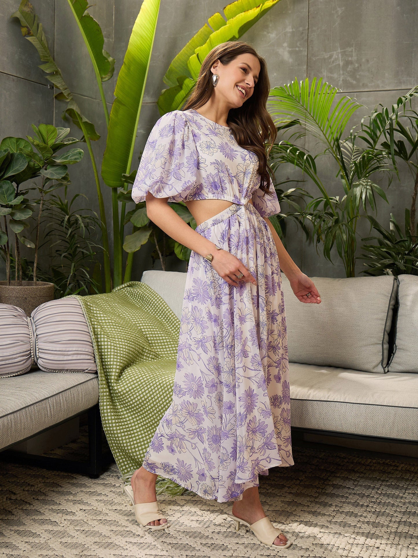 White Floral Waist Cut-Out Midi Dress