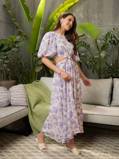 White Floral Waist Cut-Out Midi Dress