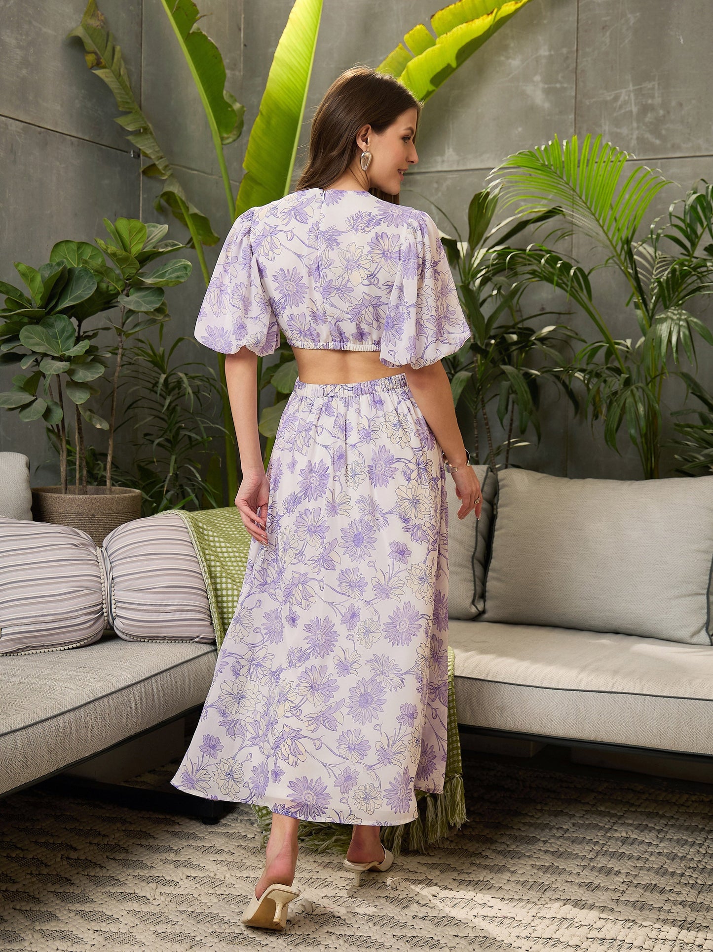 White Floral Waist Cut-Out Midi Dress