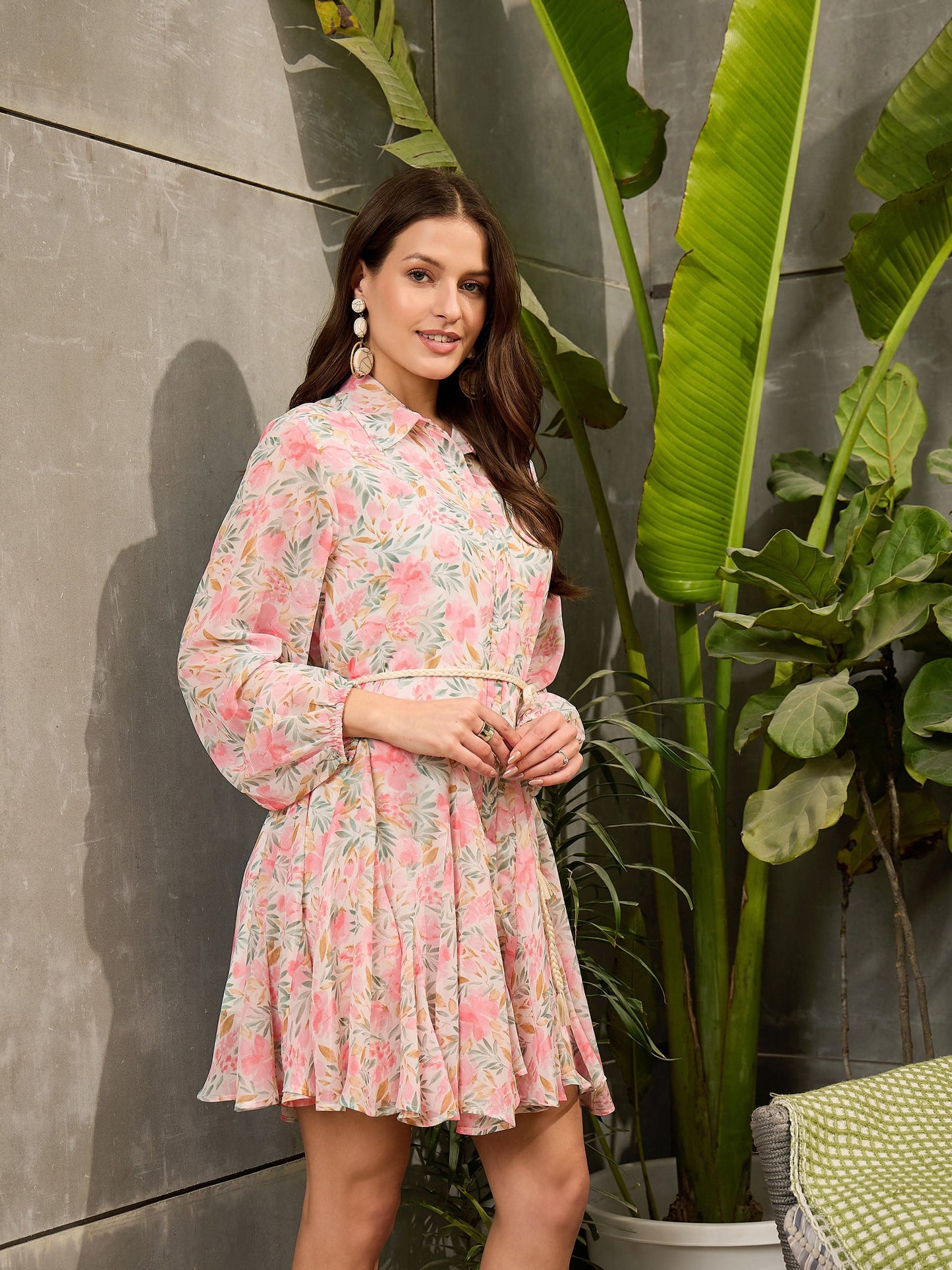 Women Peach Ditsy Floral Tiered Short Dress