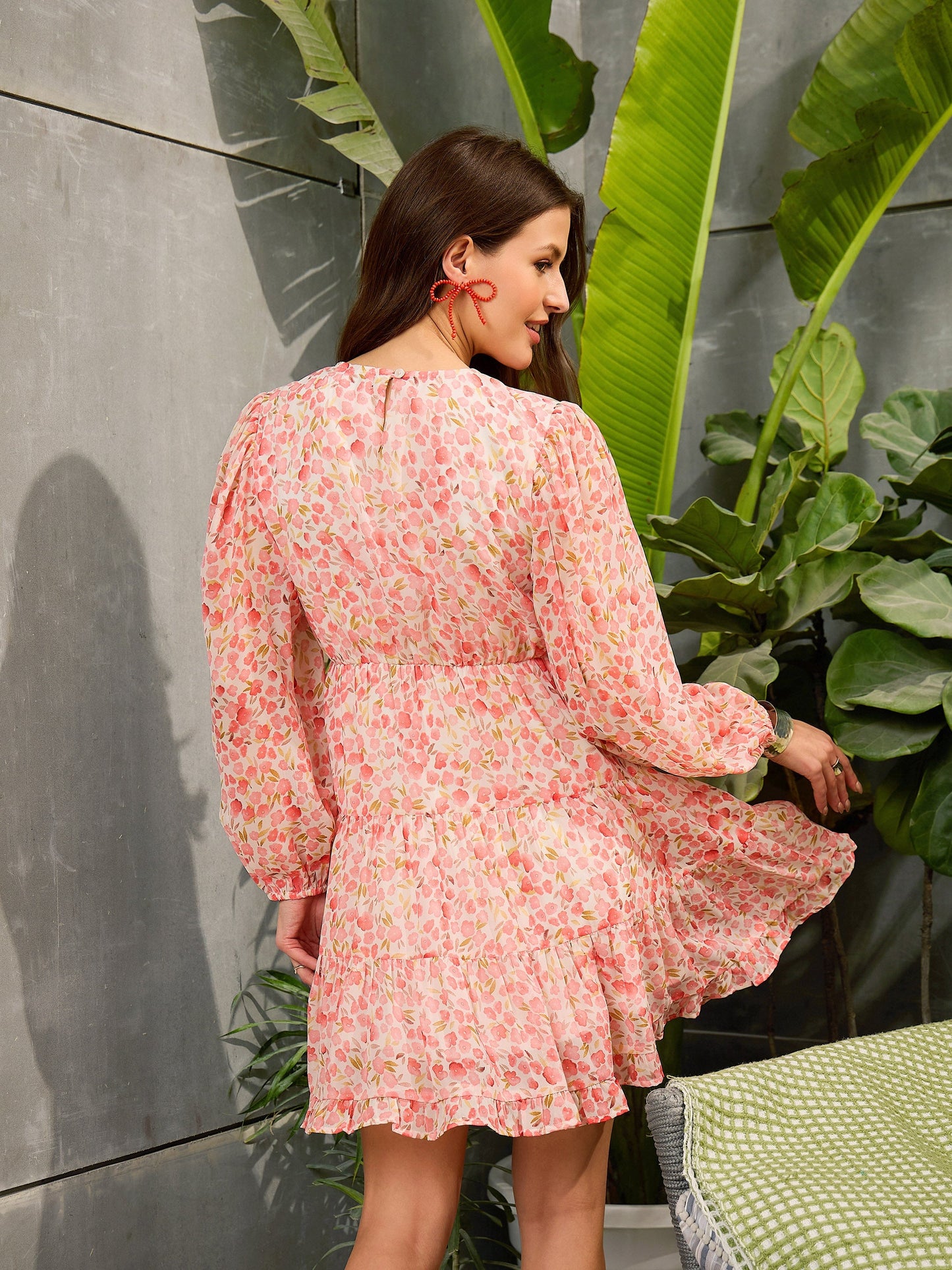 Women Peach Ditsy Floral Tiered Short Dress