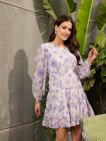 Women White Floral Tiered Short Dress