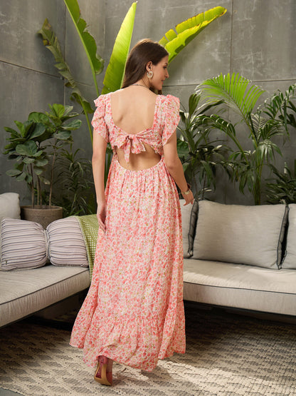 Women Peach Ditsy Floral Square-Neck Maxi Dress
