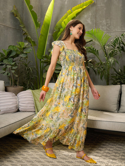 Green Floral Square-Neck Maxi Dress