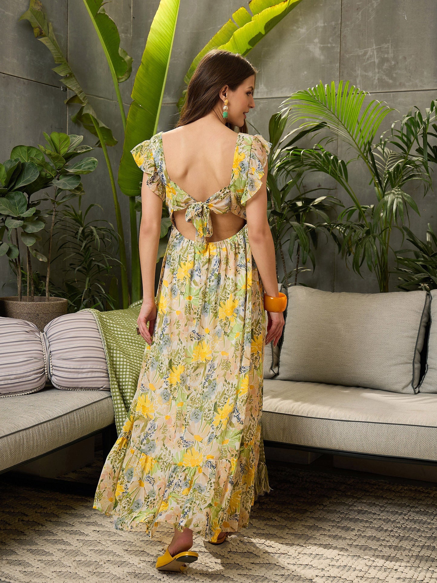 Green Floral Square-Neck Maxi Dress