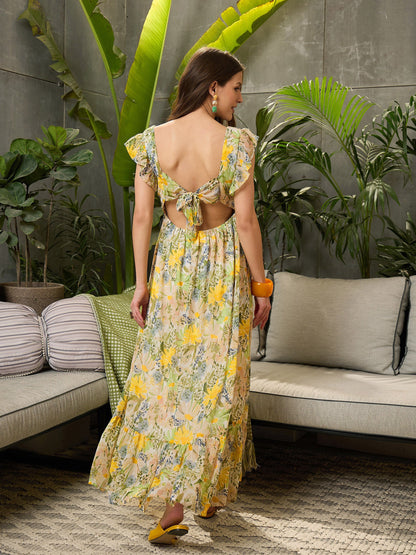 Green Floral Square-Neck Maxi Dress