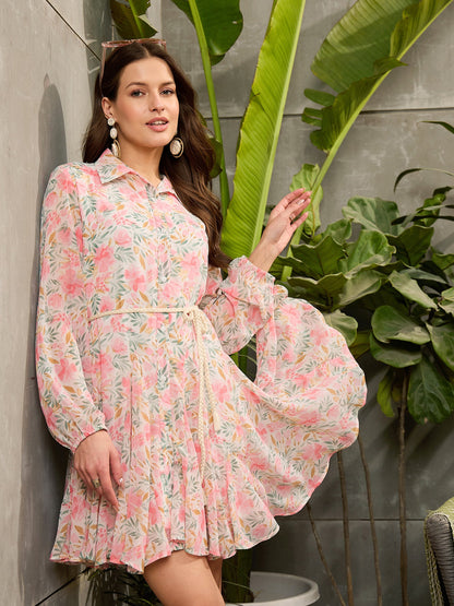 Light Pink Floral Flared Shirt Dress