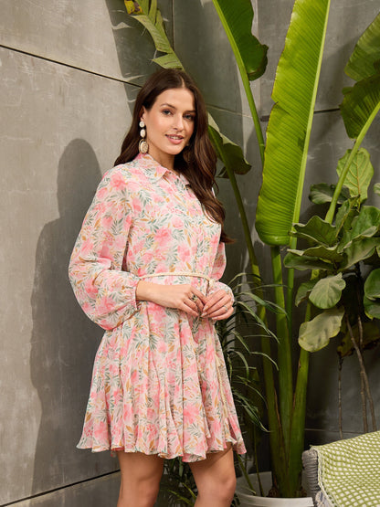 Light Pink Floral Flared Shirt Dress