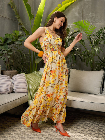 Women Yellow Floral Sleeveless Maxi Dress