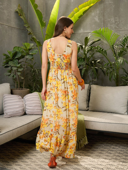 Women Yellow Floral Sleeveless Maxi Dress