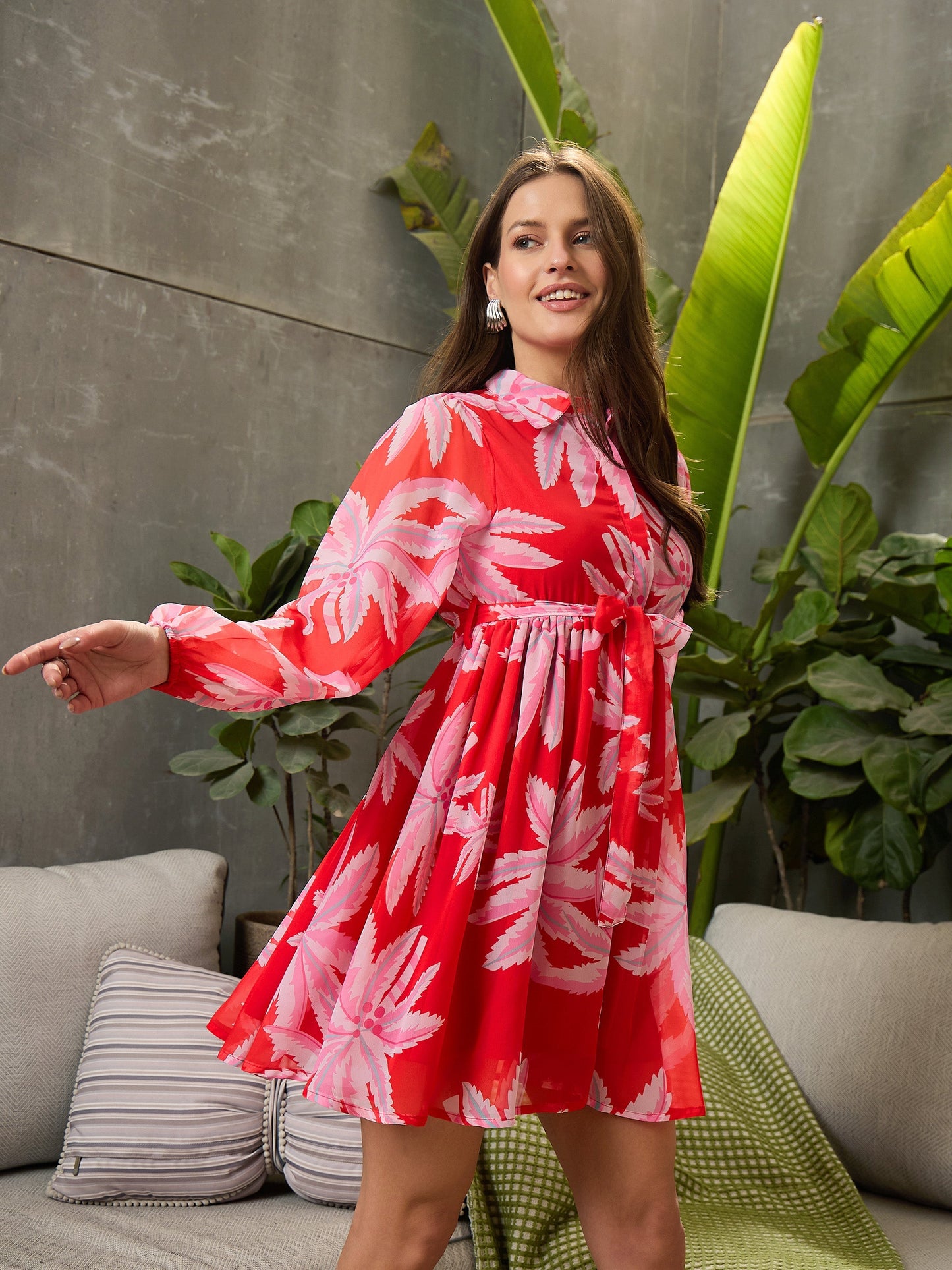 Women Red Floral Front Button Short Dress