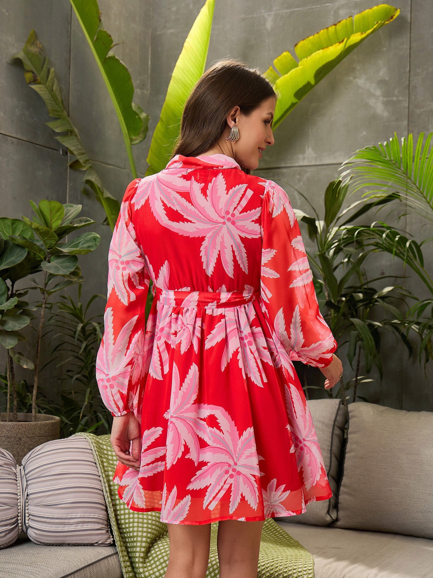 Women Red Floral Front Button Short Dress