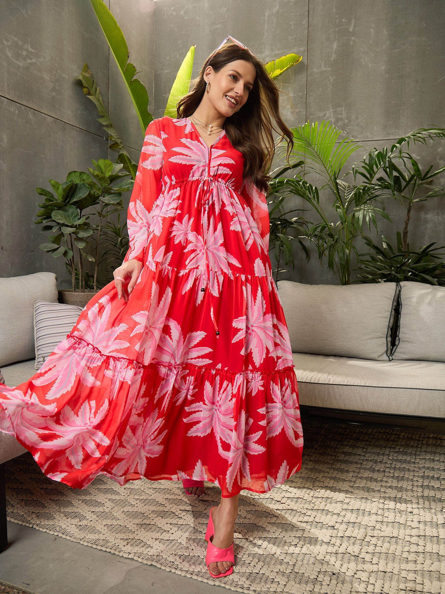 Women Red Floral Tiered Maxi Dress