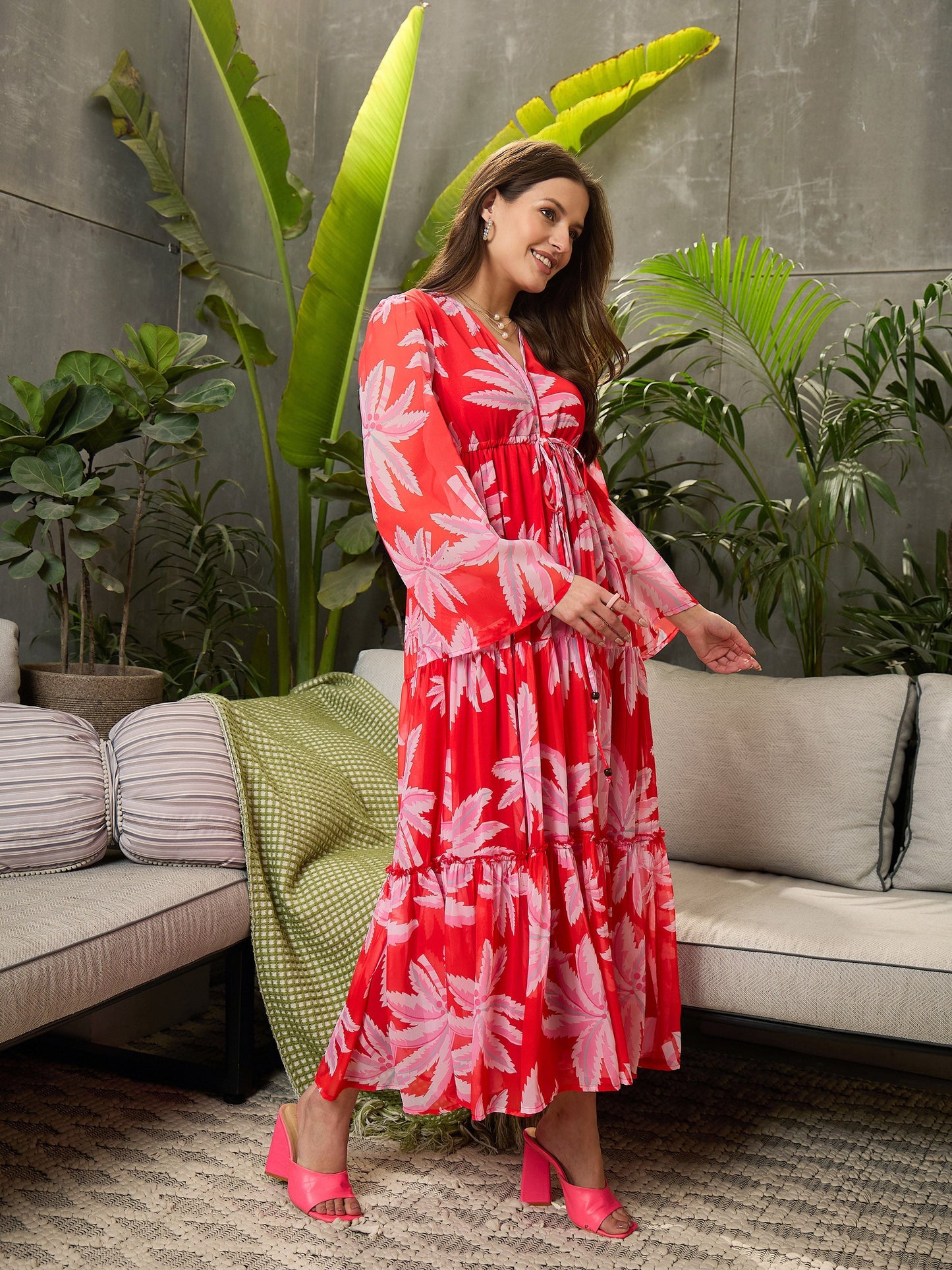 Women Red Floral Tiered Maxi Dress