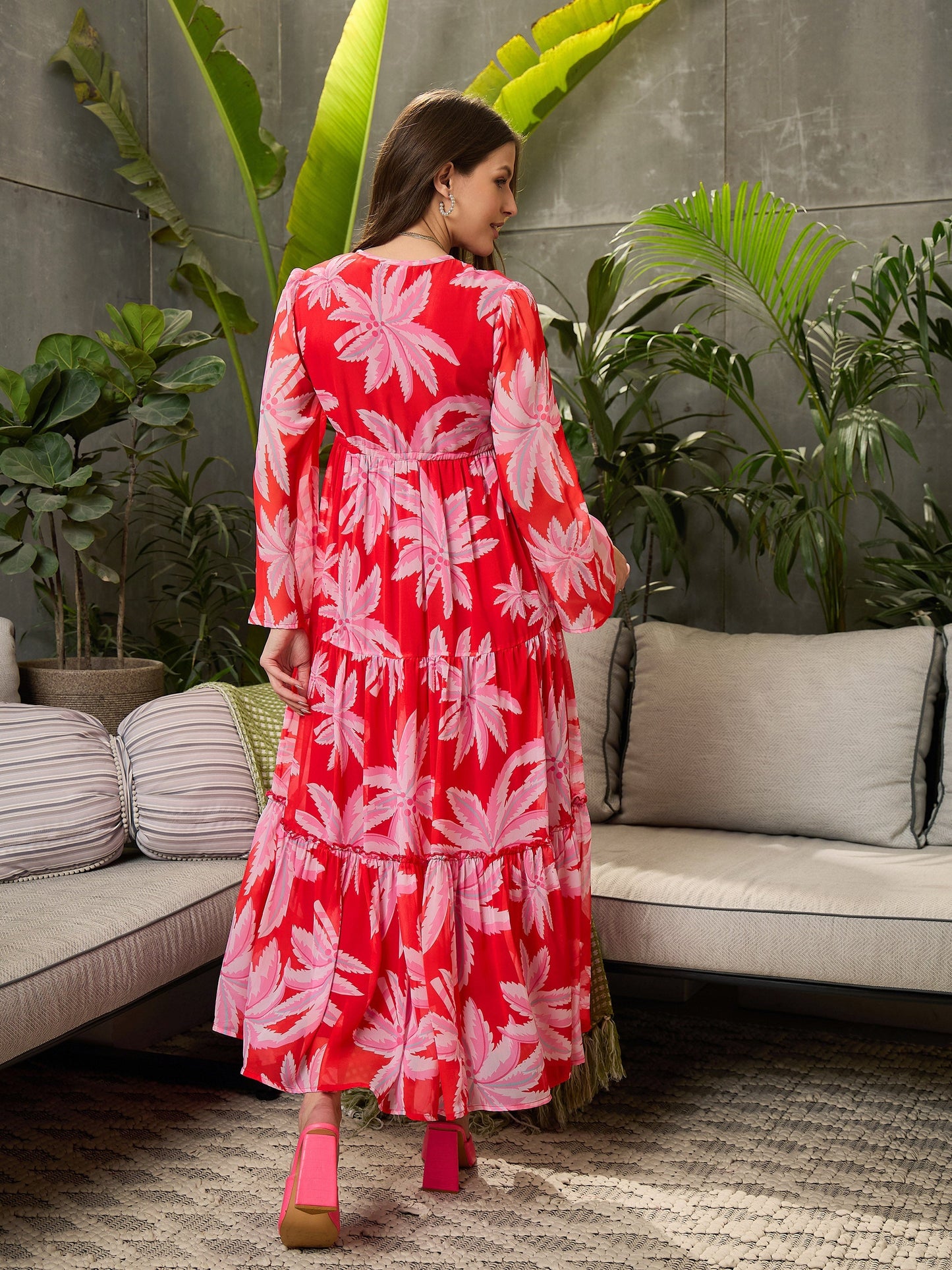 Women Red Floral Tiered Maxi Dress