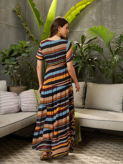 Women Yellow Multi Stripes Front Ring Maxi Dress