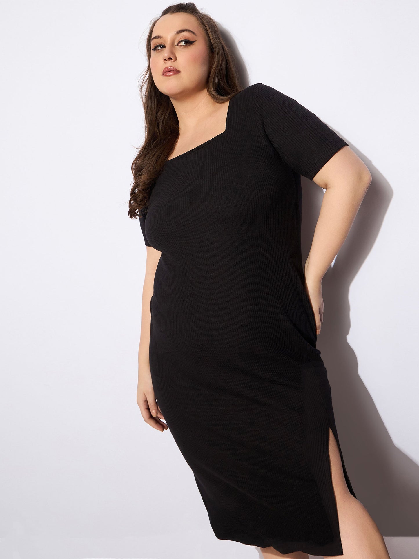 Plus size women's Black Polycotton Black Rib Square Neck Short Sleeves Midi Dress by Sassafras Curve for wholesale buyers, boutiques, resellers and