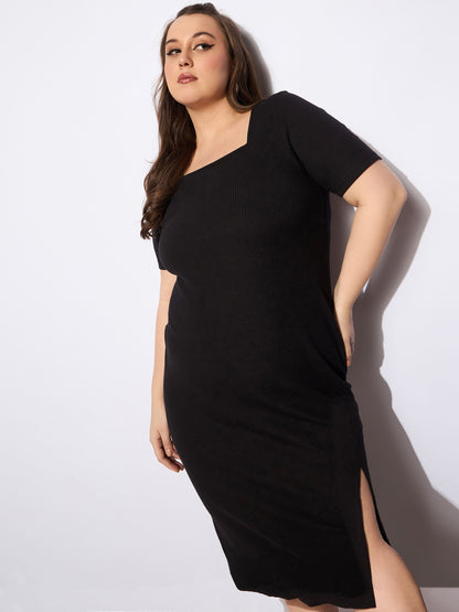 Plus size women's Black Polycotton Black Rib Square Neck Short Sleeves Midi Dress by Sassafras Curve for wholesale buyers, boutiques, resellers and