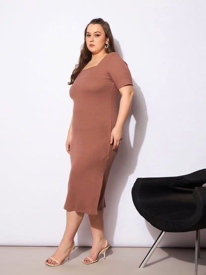 Brown Rib Square Neck Short Sleeve Midi Dress