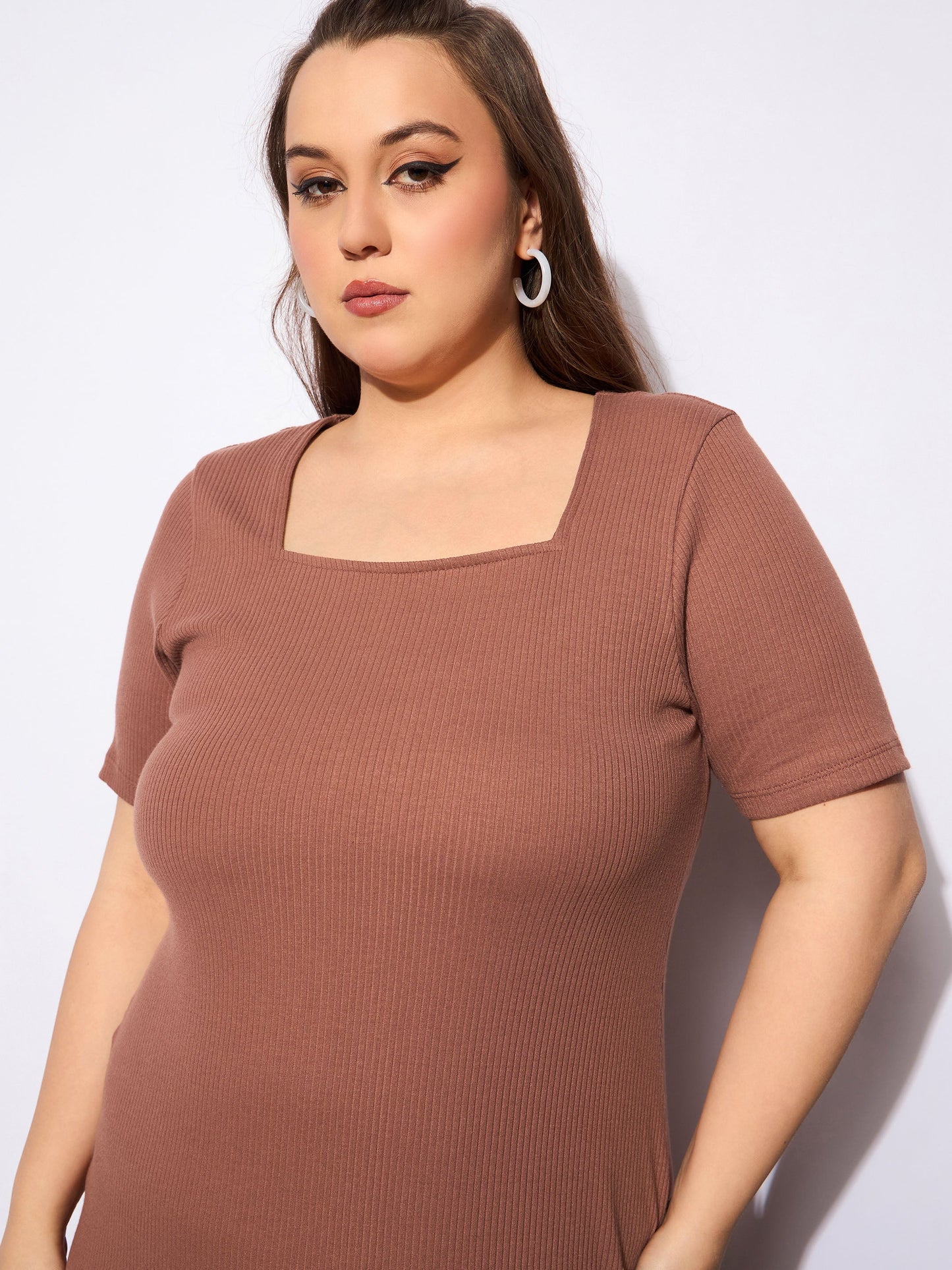 Brown Rib Square Neck Short Sleeve Midi Dress