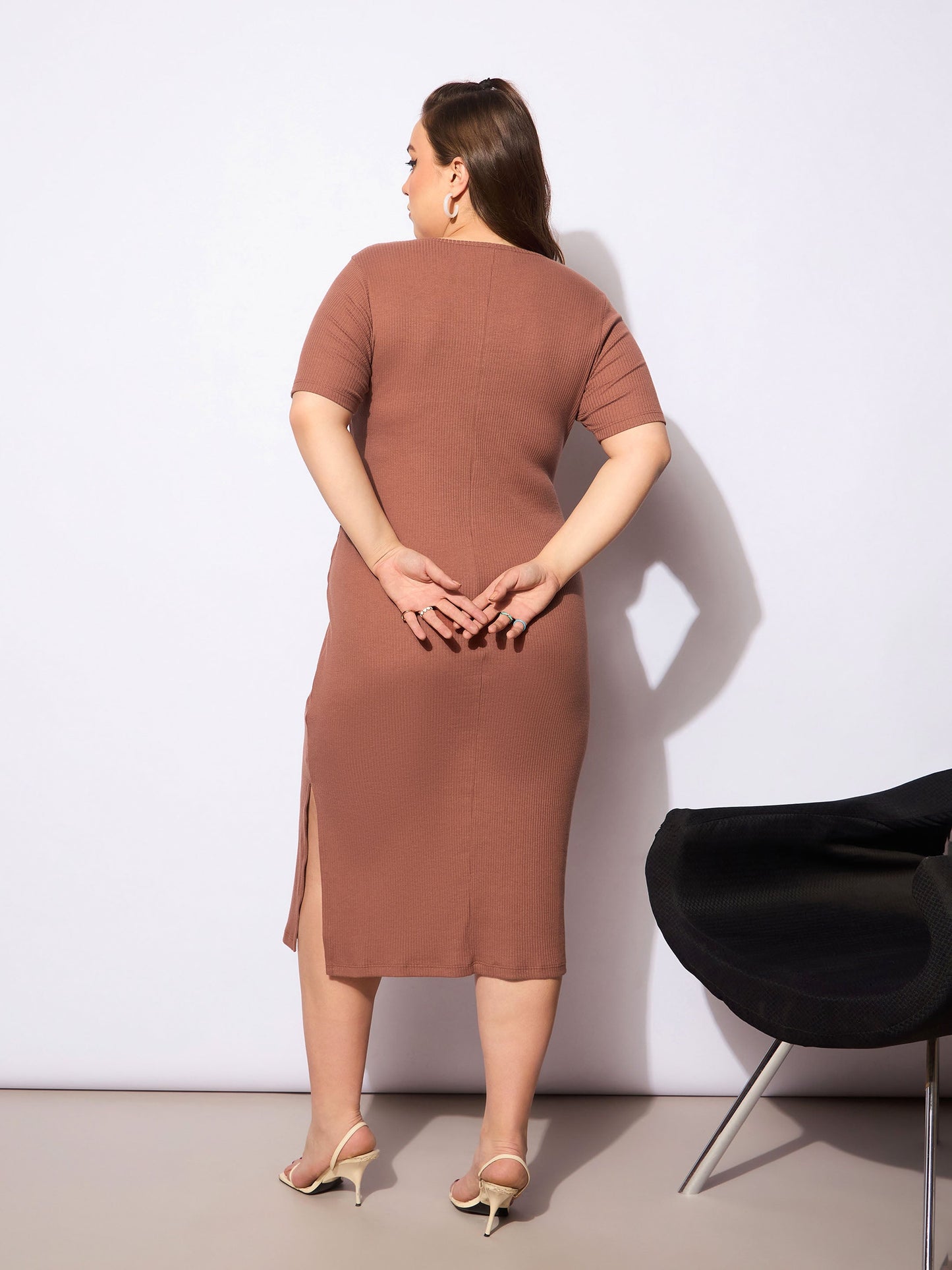 Brown Rib Square Neck Short Sleeve Midi Dress