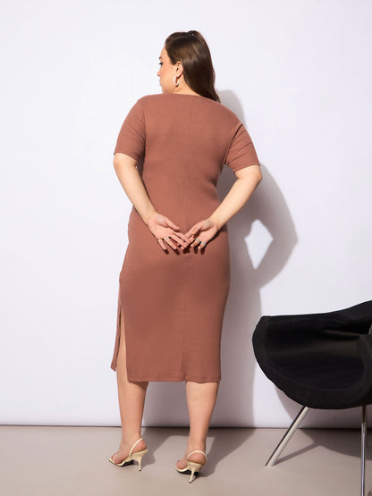 Brown Rib Square Neck Short Sleeve Midi Dress