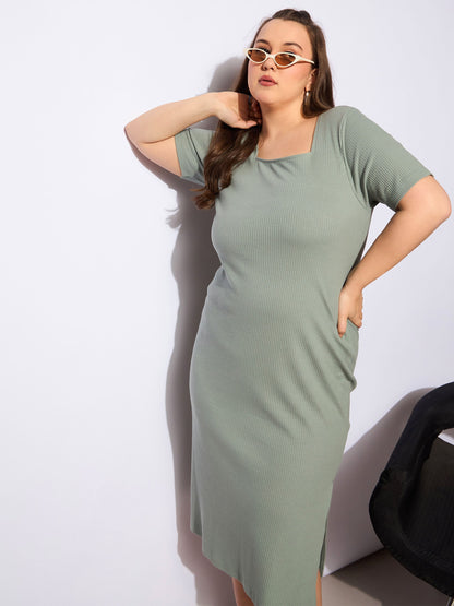Green Rib Square Neck Short Sleeves Midi Dress