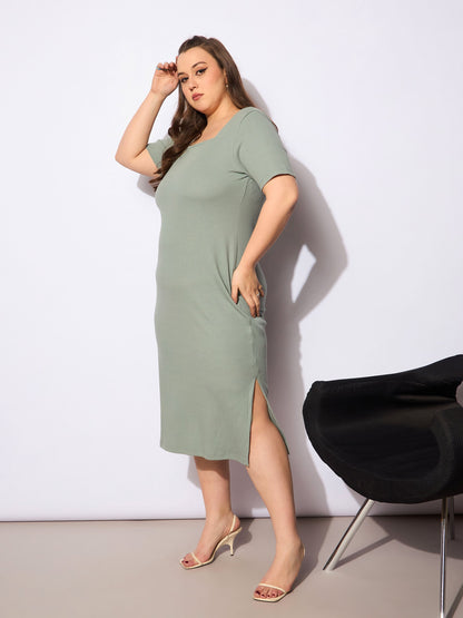 Green Rib Square Neck Short Sleeves Midi Dress