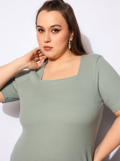 Green Rib Square Neck Short Sleeves Midi Dress