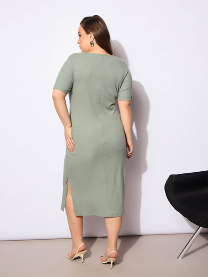 Green Rib Square Neck Short Sleeves Midi Dress