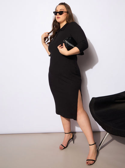 Plus size women's Black Polycotton Black Rib Collar Neck Front Button Midi Dress by Sassafras Curve for wholesale buyers, boutiques, resellers and