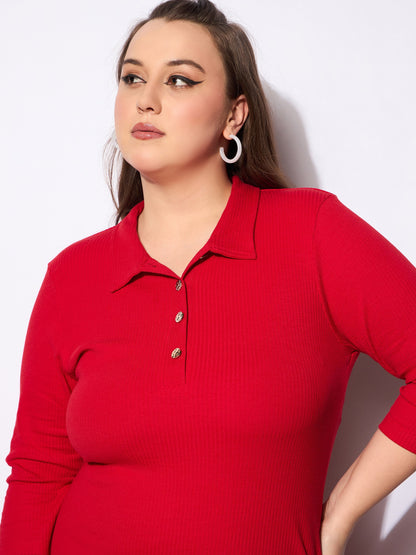 Red Rib Collar Neck Front Button Midi Dress