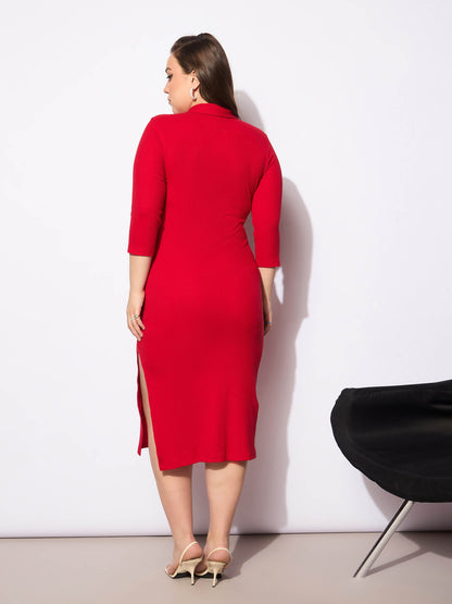 Red Rib Collar Neck Front Button Midi Dress