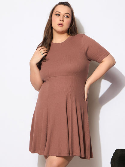 Brown Rib Below Knee Skater Dress