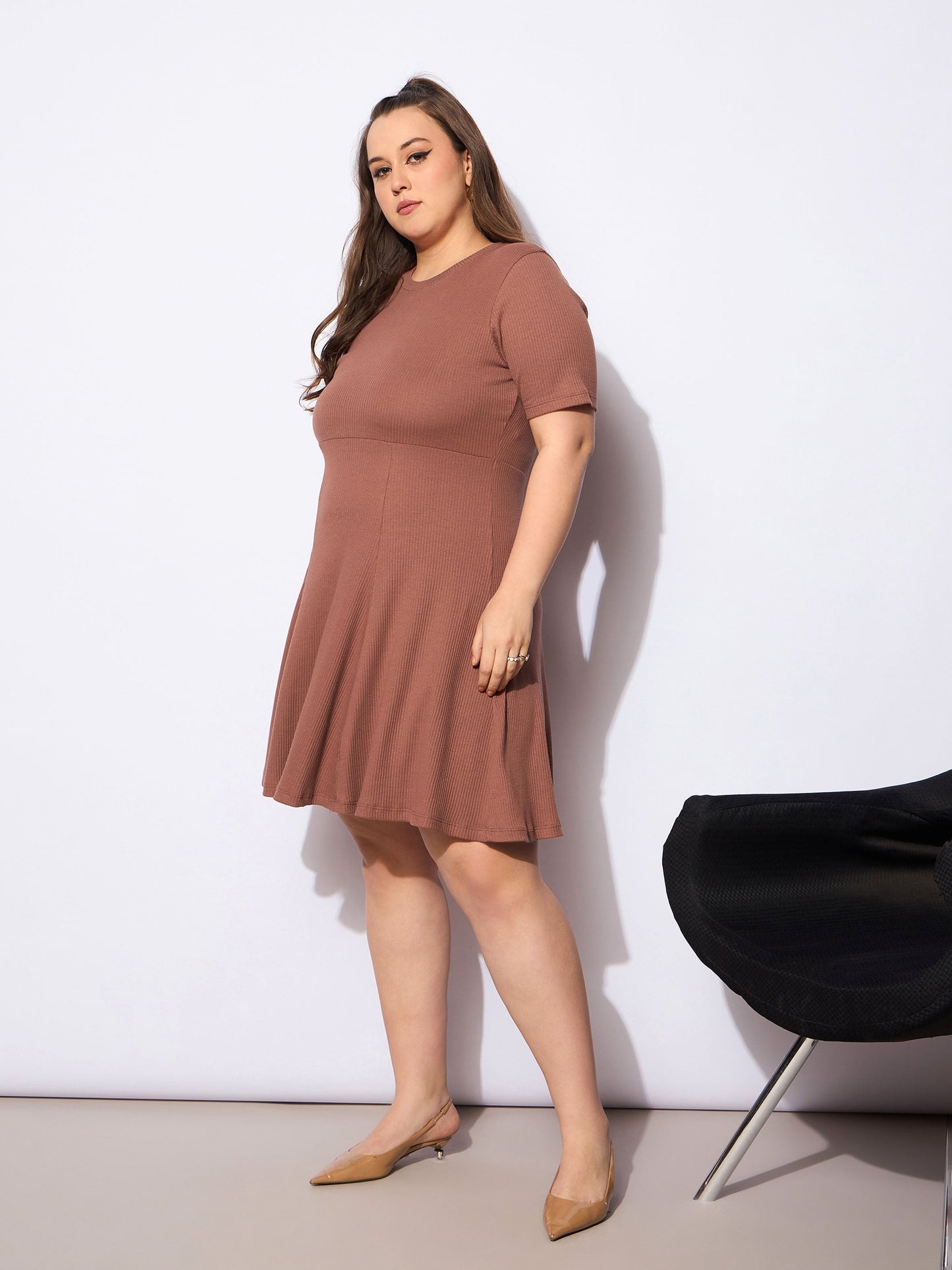 Brown Rib Below Knee Skater Dress