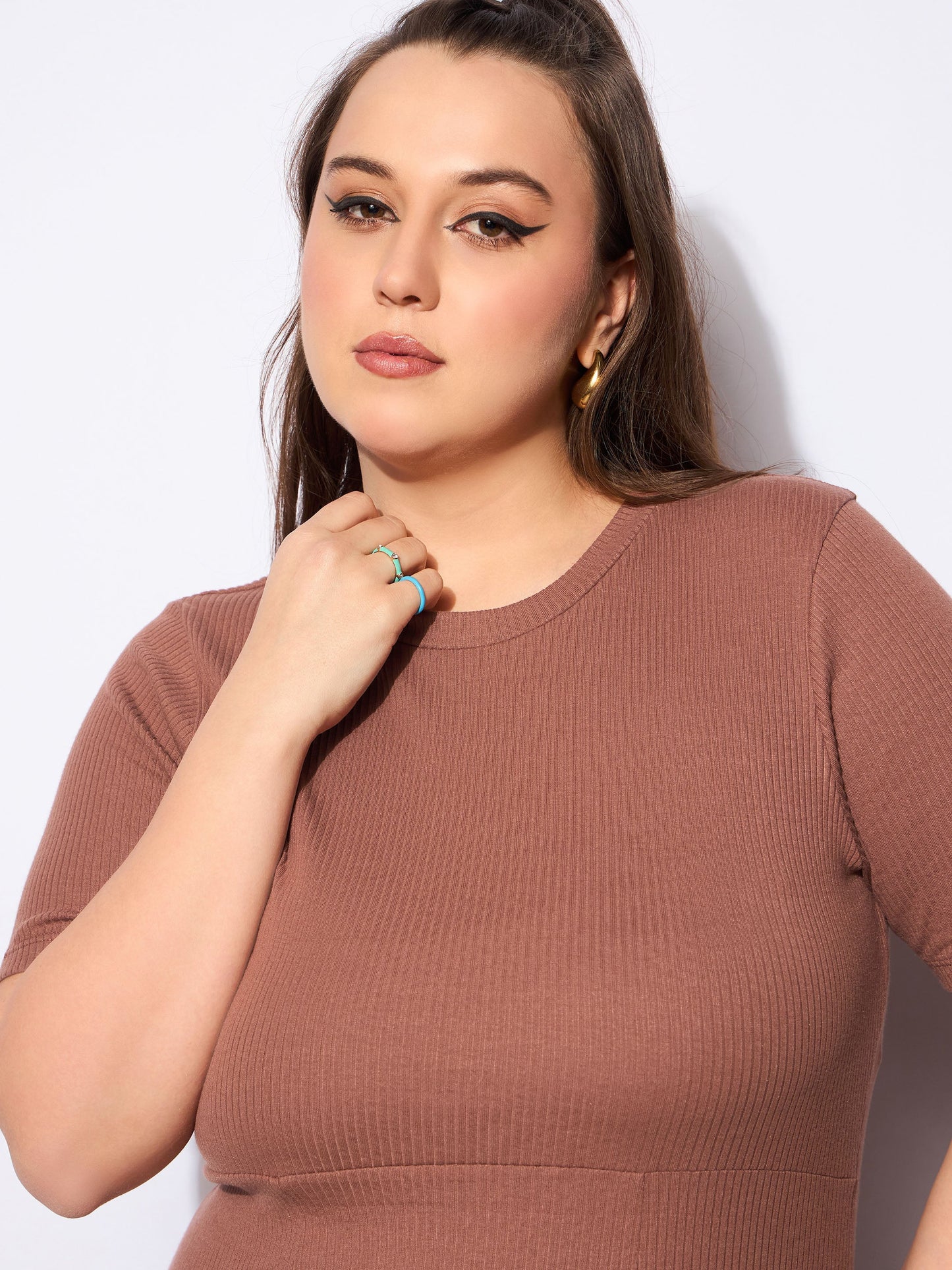 Brown Rib Below Knee Skater Dress