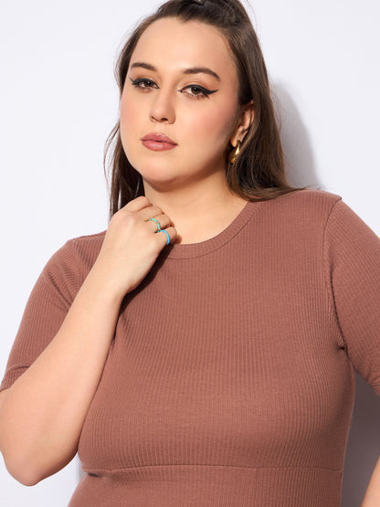 Brown Rib Below Knee Skater Dress