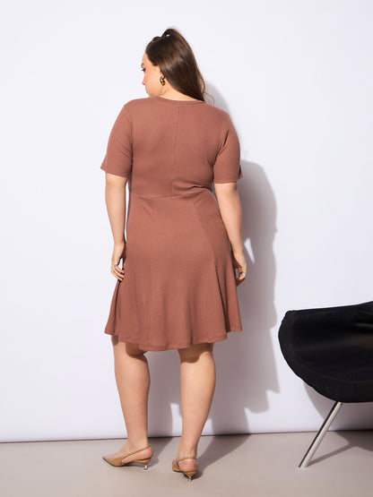 Brown Rib Below Knee Skater Dress