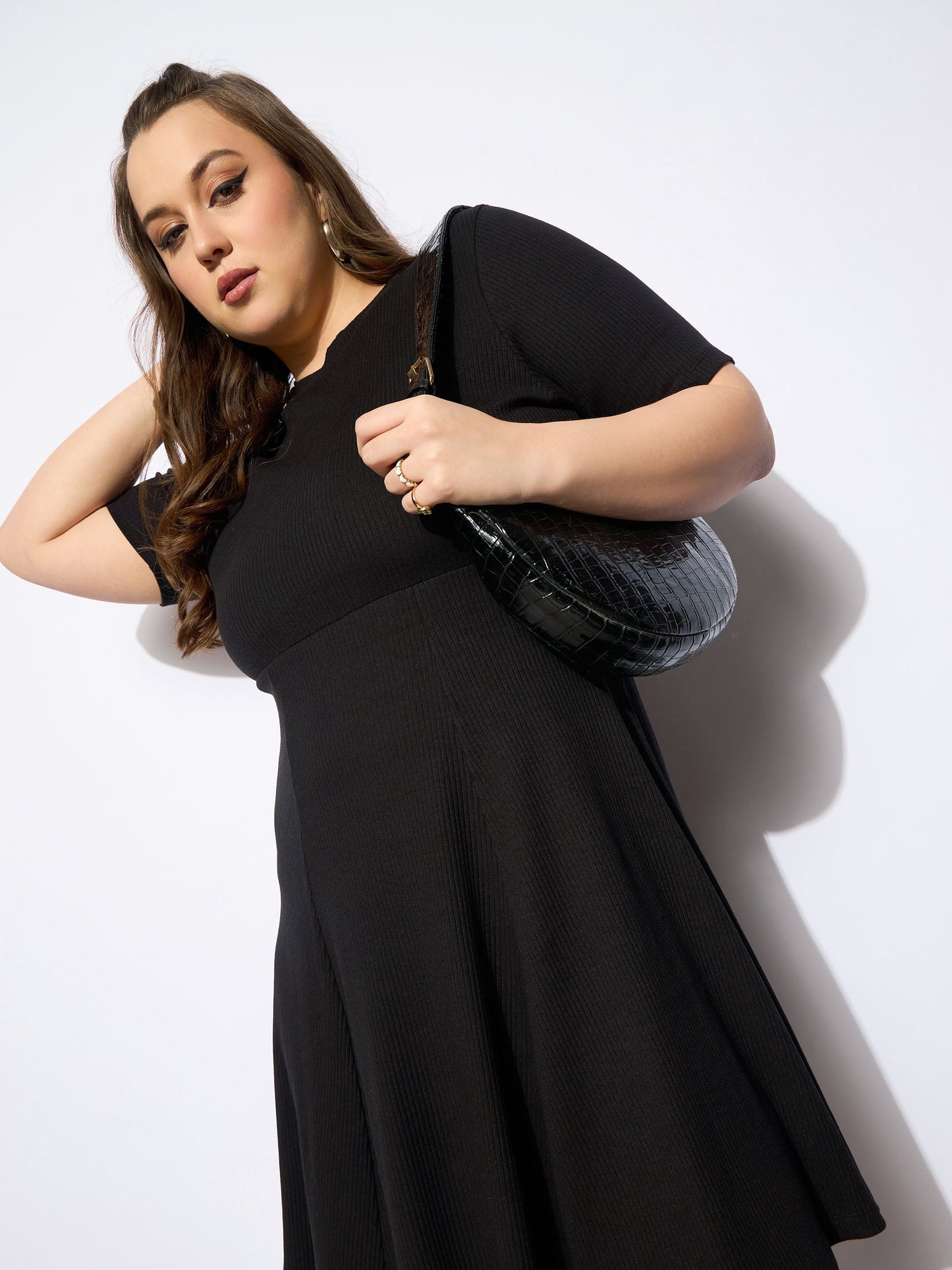 Black Rib Below Knee Skater Dress